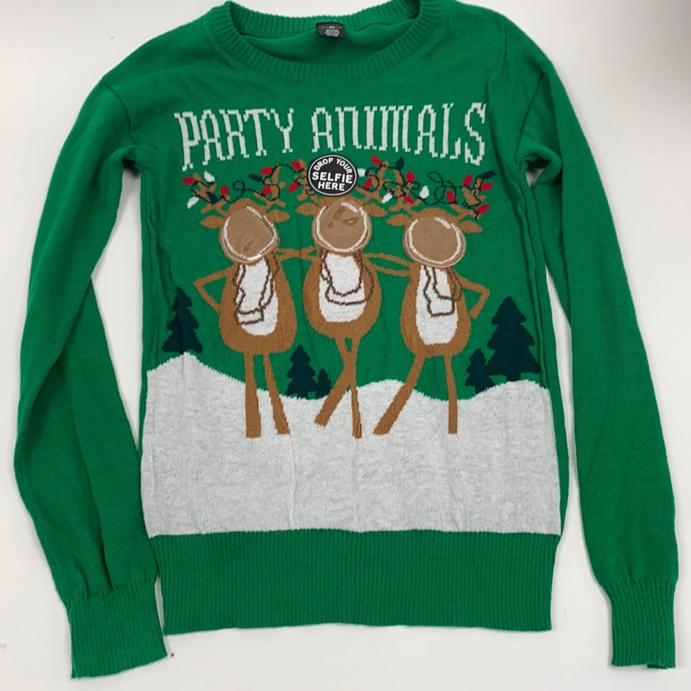 Party animals reindeer selfie Christmas sweater juniors XS